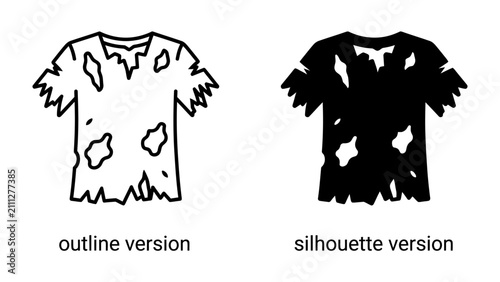 Torn T-Shirt Icons: A set of two graphic icons representing a t-shirt in an outline and a silhouette version, both depicting significant wear and tear, suggestive of hardship or destruction.