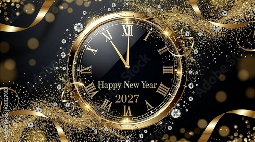 Black and gold New Year's Eve banner featuring a clock striking midnight and 