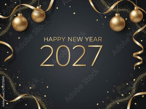 Black New Year's Eve background with gold baubles, streamers, and garlands, and 
