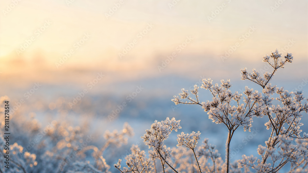 Naklejka premium Frosted winter meadow plants in soft sunrise light