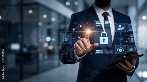 Enterprise network compliance concept featuring businessman using digital tablet to manage remote cybersecurity authentication dashboard