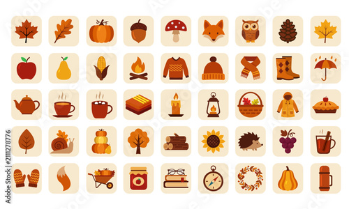 Autumn vector icon set in flat style. Collection of fall symbols including leaves, pumpkin, fox, owl, cozy sweater, warm tea, umbrella, acorns, mushrooms, and seasonal elements on rounded tiles.