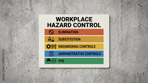Informative workplace hazard control sign displayed on a rough gray industrial concrete wall background texture