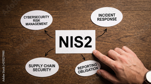 Man pointing at a white card displaying nis2 directive concepts on a dark wooden table