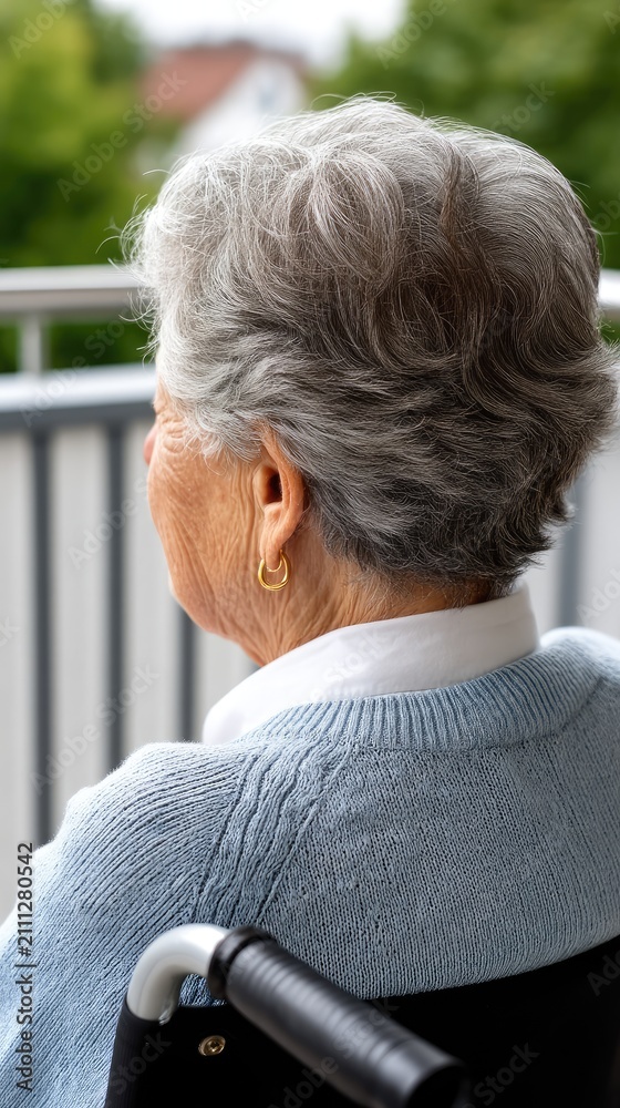 Fototapeta premium Elderly woman in wheelchair looking at a bright landscape from a balcony
