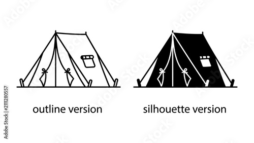 Картината върху платно Tent Outline and Silhouette: Two simple line drawings of a camping tent, one in outline and the other as a solid silhouette, representing versatility in design and application