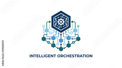 Obraz na plátně Intelligent orchestration hexagonal gear and data icon.