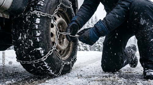 A person in winter clothing attaches snow chains to a car tire on a snowy road.