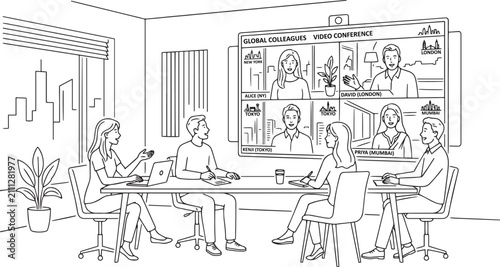 Vector line art of office employees sitting in a meeting room while interacting with global colleagues on a huge video conference screen, hybrid workplace culture, thin black lines, white background.