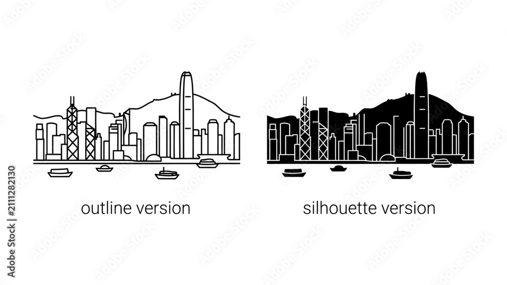 Obraz premium Hong Kong Skyline: A detailed outline and silhouette illustration of the iconic Hong Kong skyline, showcasing its modern skyscrapers and natural mountainous backdrop.