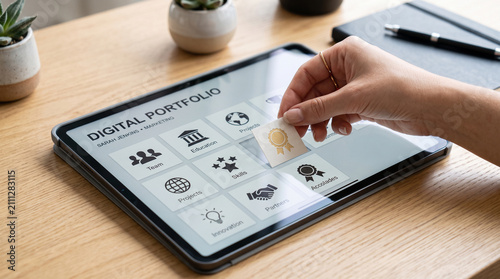 Person using a tablet to organize a professional digital portfolio with icons on wooden desk
