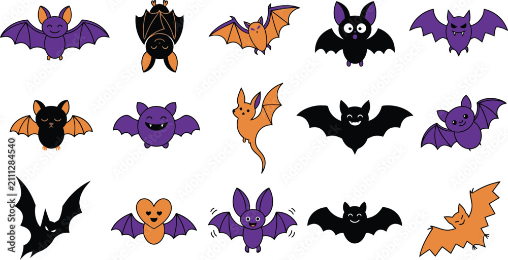 Fototapeta premium Set of cute cartoon bats for halloween decorations and festive party stickers isolated on white background