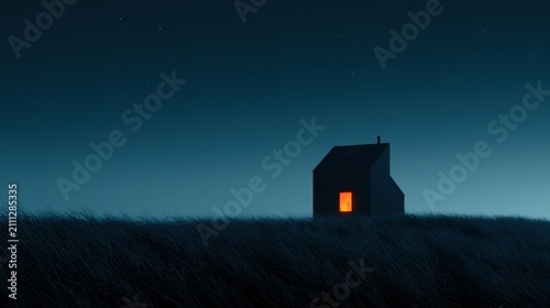 A modular home stands in a quiet landscape under a wide starry sky, with a warm light from a single window visible in the night.