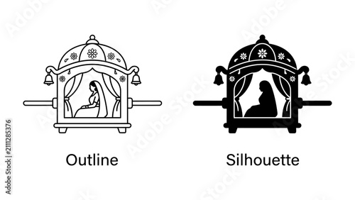 Foto Palanquin Bride Icon: An outline and silhouette illustration of a palanquin carrying a veiled bride, symbolizing traditional transport and cultural heritage