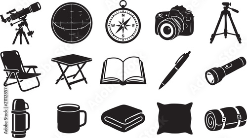 Set of black silhouette representing camping and outdoor adventure gear, including a telescope, compass, camera, folding chair, table, book, pen, flashlight, thermos, mug, blanket, and sleeping bag