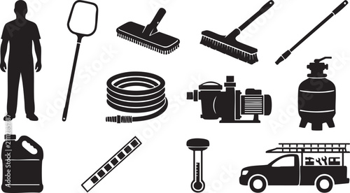 Set of black silhouette representing swimming pool maintenance equipment, including a technician, cleaning tools, pump, filter, hose, chemical jug, thermometer, and a service utility truck