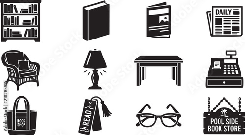Photos Set of twelve black and white featuring bookstore and reading related including