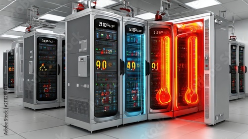 Server Room Overheating: A modern server room with multiple racks of computer equipment, displaying temperature readings that indicate a severe overheating problem, with one unit glowing red hot.