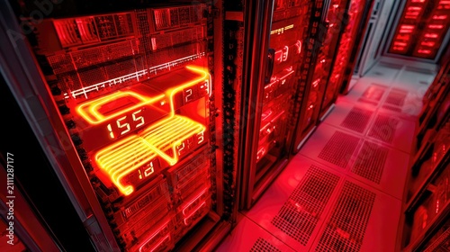 Server Room Glow: Rows of glowing server racks emit a vibrant red light, hinting at the complex digital infrastructure and powerful processing within this high-tech data center.