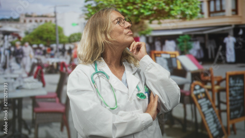 Foto Woman doctor in white coat with green stethoscope, hand on chin and glasses, looking upward among cafe tables on a street; contemplation