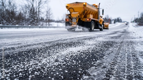 A yellow salt spreader truck applies de-icing material to a snow-covered road during winter conditions.