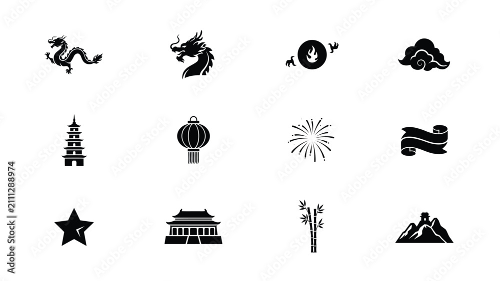 Obraz premium Minimalist black icon set with monochromatic collection twelve stylized icons representing traditional motifs celebratory symbols against neutral background