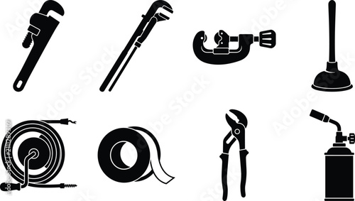 Bild auf Leinwand Professional plumbing tools icon set including pipe wrench adjustable pliers pip