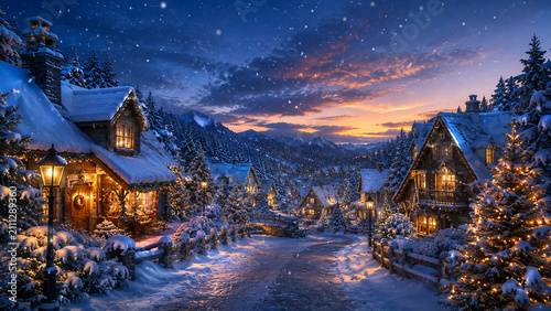 Snowy Christmas Village at Sunset in Winter Mountains