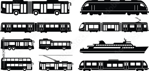 Foto Public transport silhouettes set featuring articulated bus train tram double dec