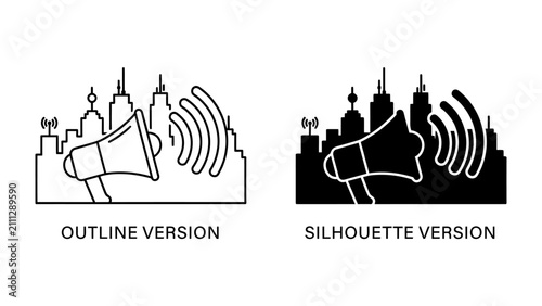 Fotografía Megaphone Icon and Cityscape: Two icons representing a megaphone with sound waves in front of a city skyline, presented in both outline and silhouette versions