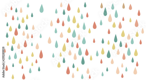 Abstract background with colorful raindrops in pastel blue pink and yellow tones falling on a clean white surface.