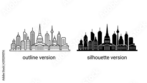 Cuadro en lienzo Cityscape Outline and Silhouette: A detailed outline and a solid silhouette of a modern cityscape, showcasing a variety of architectural styles from skyscrapers to historic buildings