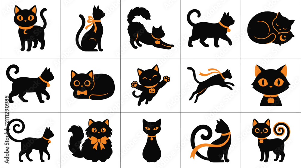 Obraz premium Set of cute cartoon black cats in various poses for halloween decorations and creative graphic design projects
