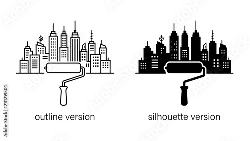 Obraz na płótnie Cityscape Painting: A conceptual illustration showing a cityscape being painted, with an outline version and a silhouette version side-by-side, highlighting urban design and artistic creation