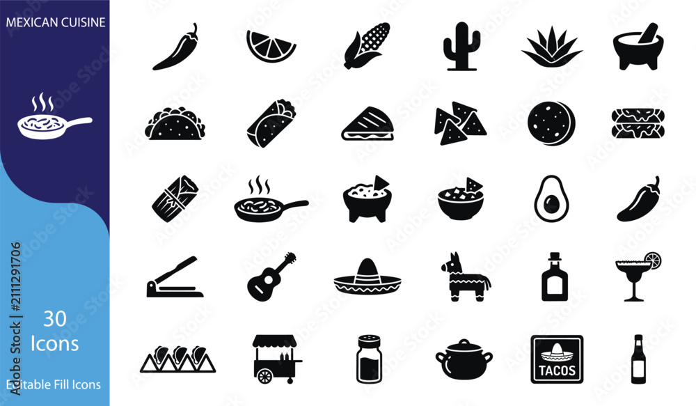 Obraz premium Set of 30 mexican traditional food and drink icons for culinary restaurant design with restaurant