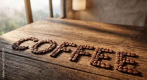 Coffee Beans Forming the Word COFFEE on Rustic Wooden Table | Fresh Roasted Coffee Concept