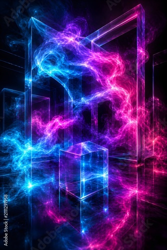 Abstract glowing cubes and smoke-like energy streams in a futuristic, dark environment with vibrant blue and pink neon lighting