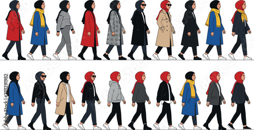 Cuadro en lienzo Vector character set of modern Muslim women wearing hijab and stylish modest fas