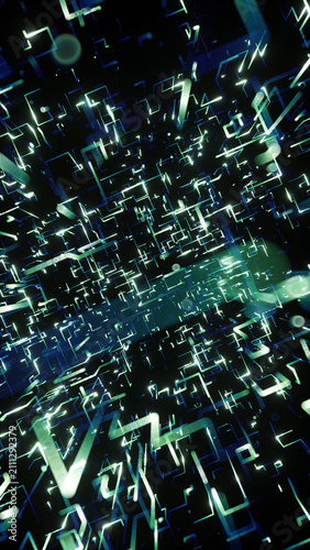 Glowing lines and shapes create a digital network effect in a dark background. The scene suggests movement and connection