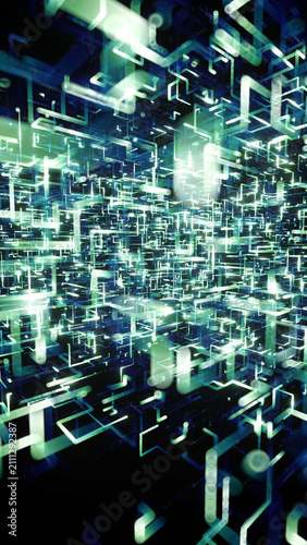 The scene shows a digital network background with lines and shapes forming an abstract pattern in a dark space