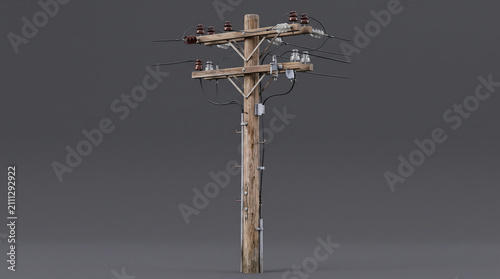 Vintage wooden telephone pole with power lines isolated on a gray studio background.