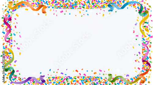 Festive celebration background with colorful confetti and ribbons isolated on white background