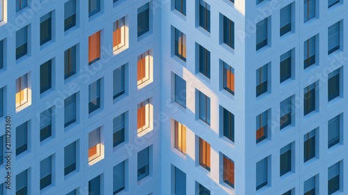 A blue and white high-rise building with orange windows and a blue sky in the background.