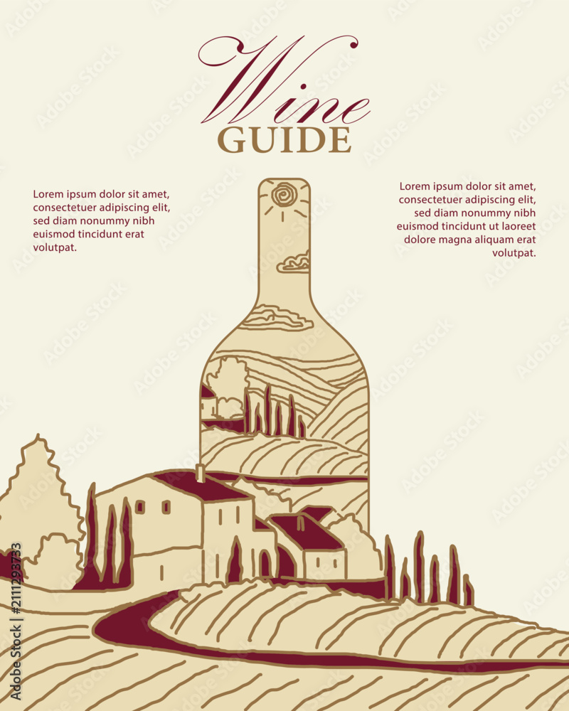 Obraz premium Wine tasting, guide banner with vineyard landscape, villa, and cypress trees inside the wine bottle. Elegance, line art