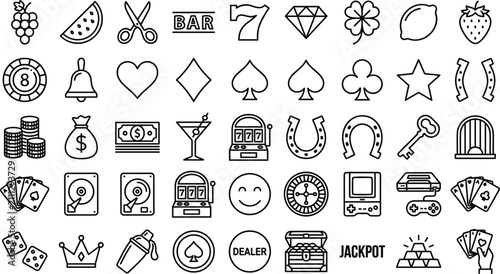 Cuadro en lienzo Casino gambling slot machine icons set linear elements vector illustration for w