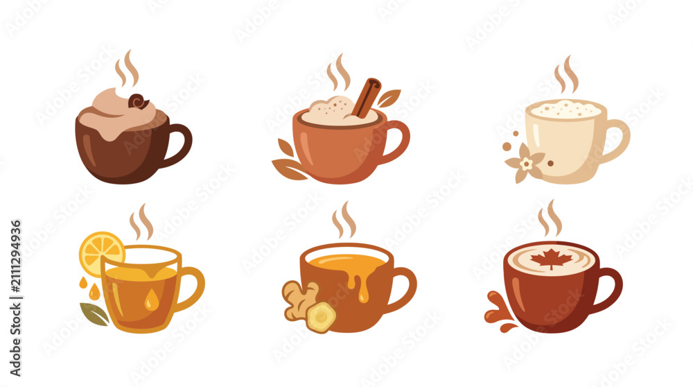 Fototapeta premium Cozy autumn drink set featuring maple leaf latte ginger tea and cinnamon cocoa flat icons