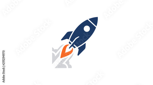 Modern Flat Vector Illustration of a Rocket Launching with Orange Flames, Representing Startup Success, Business Growth, and Technological Innovation