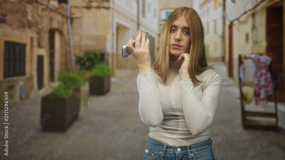 Fototapeta premium Young redhead woman holding smartphone near chin, hand raised, posing on narrow cobblestone street; quiet contemplation.
