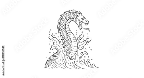 Fotografie Fierce water dragon rising from splashing sea waves line art illustration