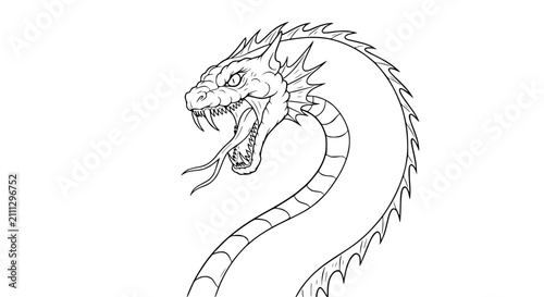 Photos Fierce Dragon Head with Sharp Teeth and Forked Tongue Vector Line Art Illustrati